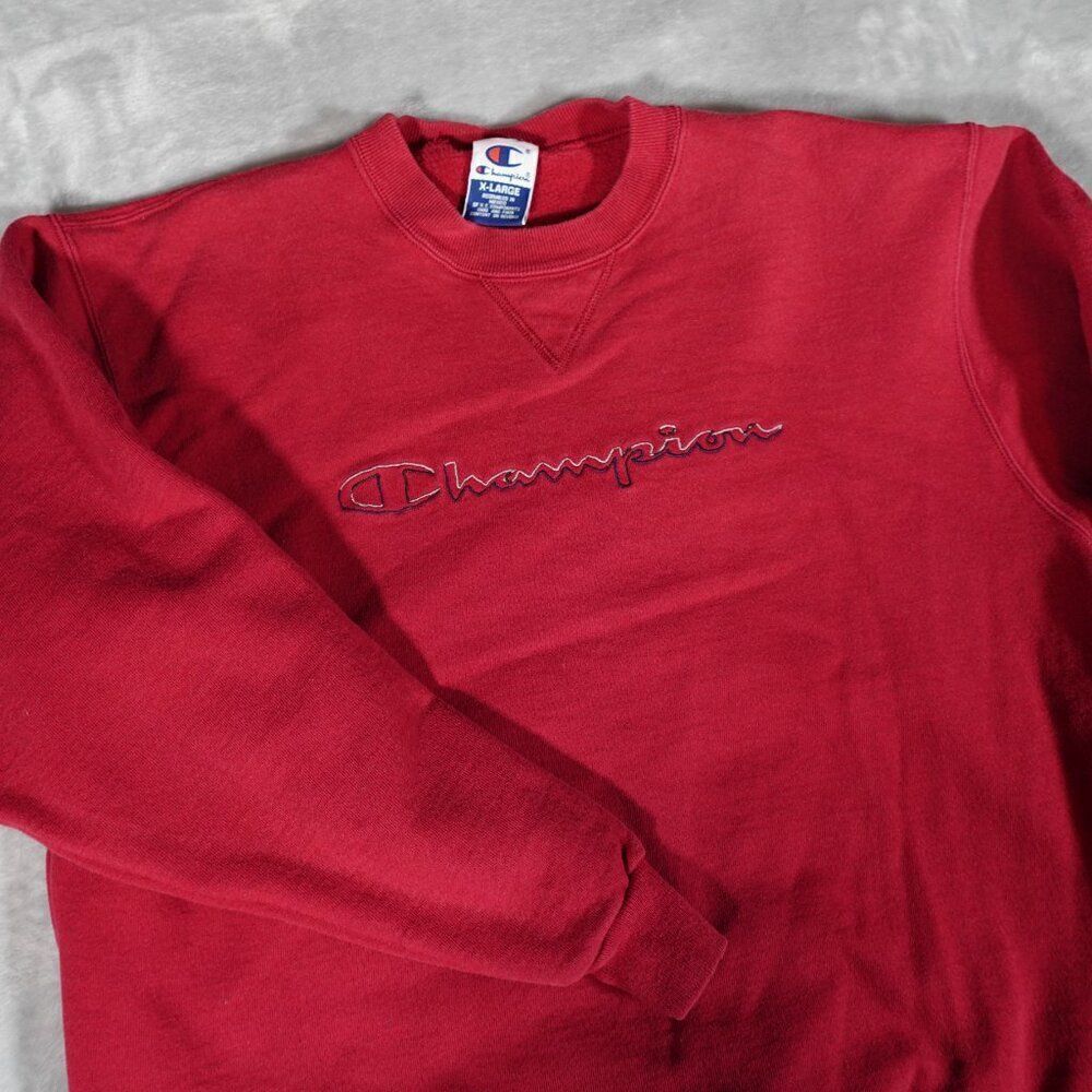 Vintage Champion Script Sweatshirt Mens XL (Fits L) Cropped Fit Faded Red 90s